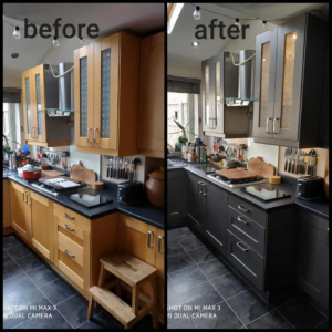 Before and after Vinyl Wrap Kitchen Cupboards